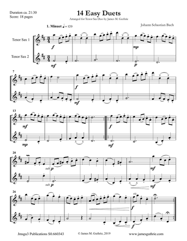Bach: 14 Easy Duets for Tenor Sax Duo