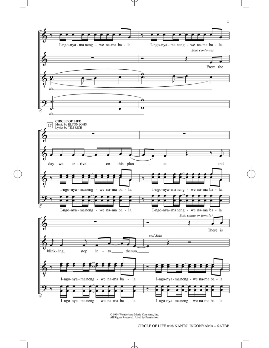 Circle Of Life (with Nants' Ingonyama) (from The Lion King) (arr. Roger Emerson) 4-Part scores gallery preview page 3