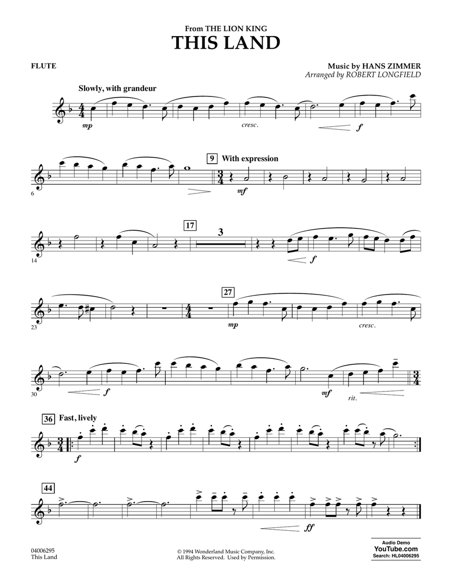 This Land (from The Lion King) (arr. Robert Longfield) - Flute Concert Band scores gallery preview page 1