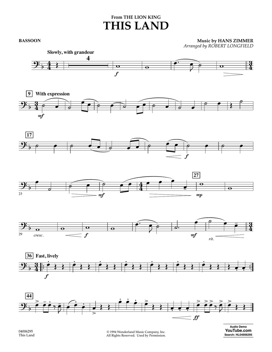 This Land (from The Lion King) (arr. Robert Longfield) - Bassoon Concert Band scores gallery preview page 1