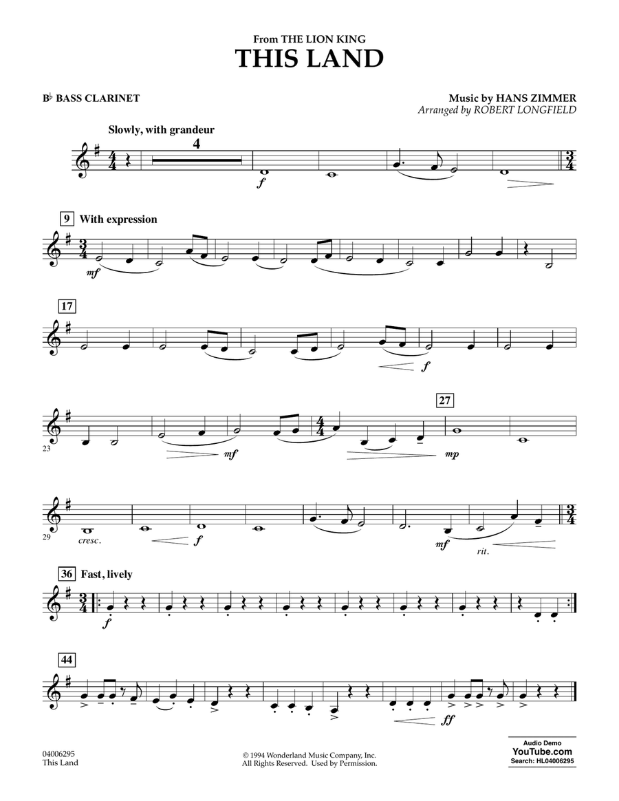This Land (from The Lion King) (arr. Robert Longfield) - Bb Bass Clarinet Concert Band scores gallery preview page 1
