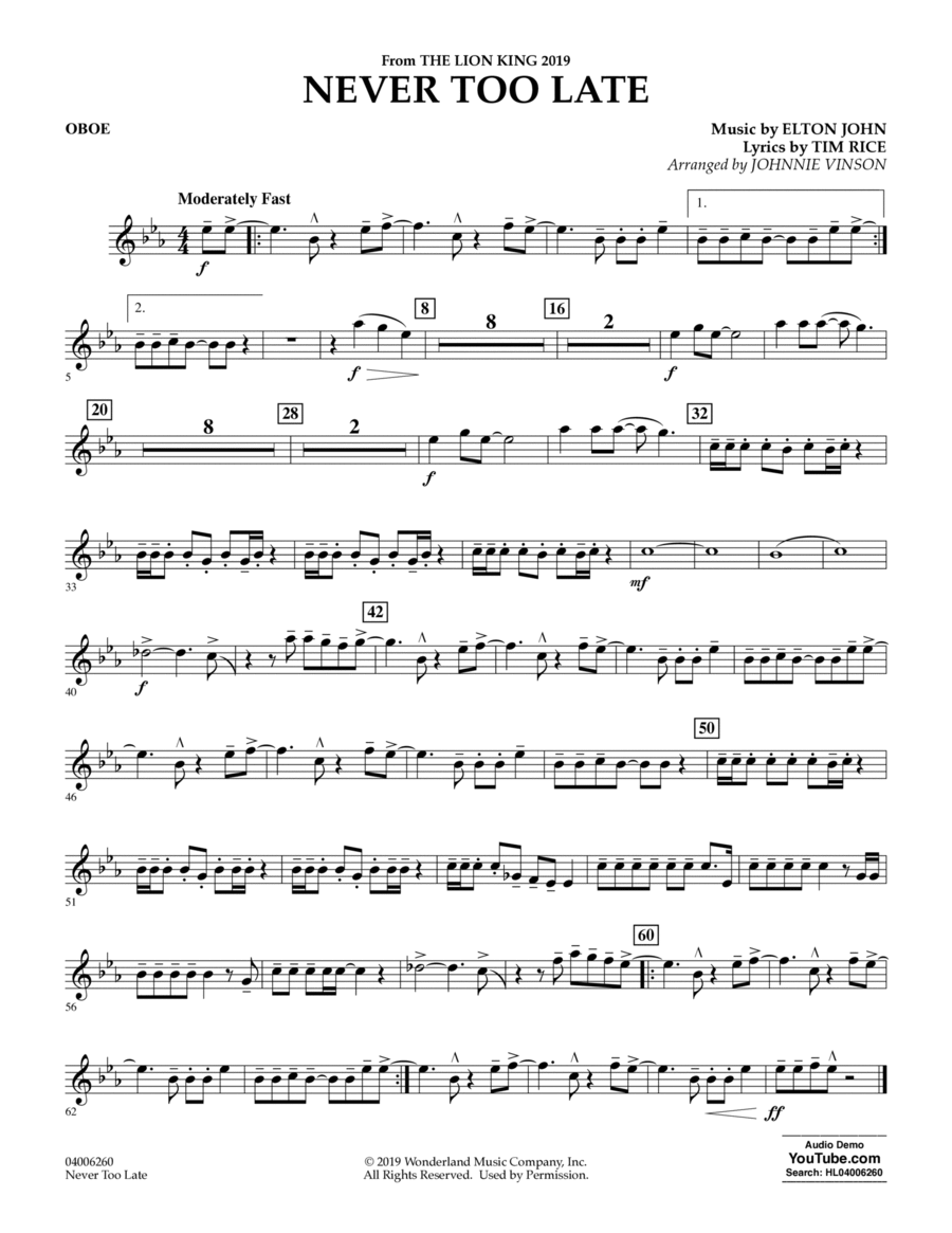 Never Too Late (from The Lion King 2019) (arr. Johnnie Vinson) - Oboe Concert Band scores gallery preview page 1