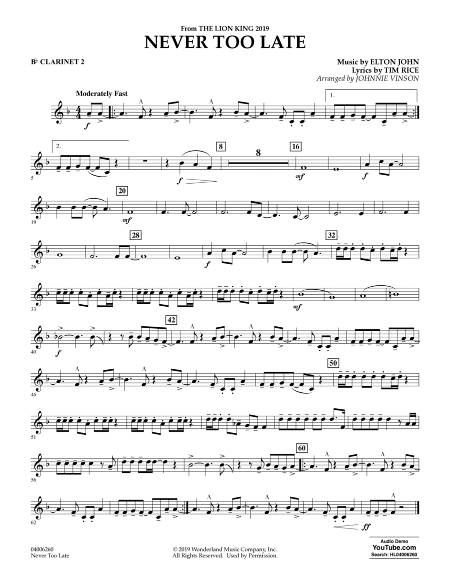 Never Too Late (from The Lion King 2019) (arr. Johnnie Vinson) - Bb Clarinet 2 Concert Band scores gallery preview page 1