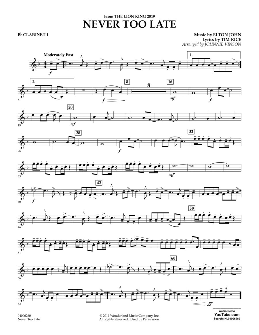 Never Too Late (from The Lion King 2019) (arr. Johnnie Vinson) - Bb Clarinet 1 Concert Band scores gallery preview page 1