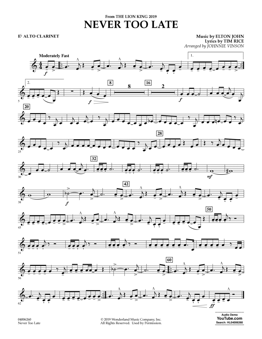 Never Too Late (from The Lion King 2019) (arr. Johnnie Vinson) - Eb Alto Clarinet Concert Band scores gallery preview page 1