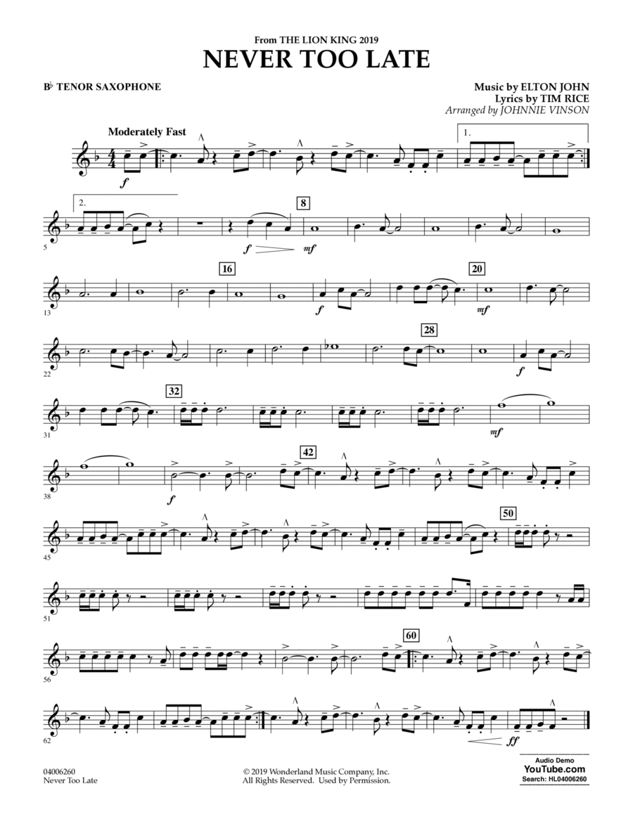 Never Too Late (from The Lion King 2019) (arr. Johnnie Vinson) - Bb Tenor Saxophone Concert Band scores gallery preview page 1
