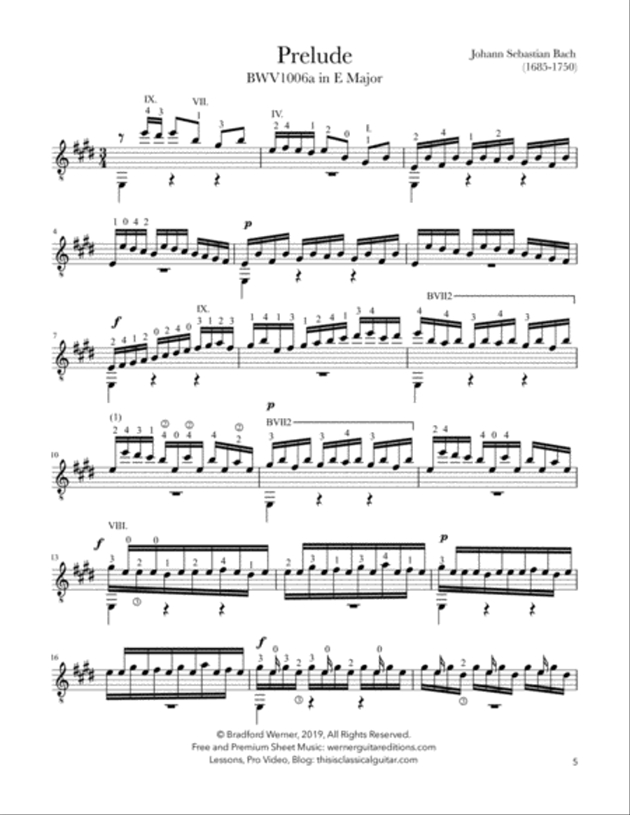 Prelude in E Major from BWV 1006a by Bach for Guitar Classical Guitar scores gallery preview page 5