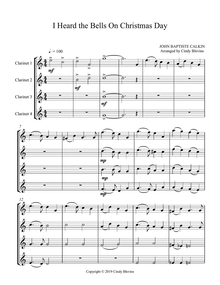 I Heard the Bells On Christmas Day, for Clarinet Quartet Clarinet Quartet scores gallery preview page 2