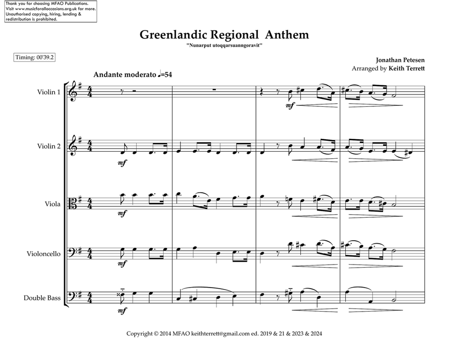 Greenlandic Regional Anthem for String Orchestra (MFAO World National Anthem Series) String Orchestra scores gallery preview page 2