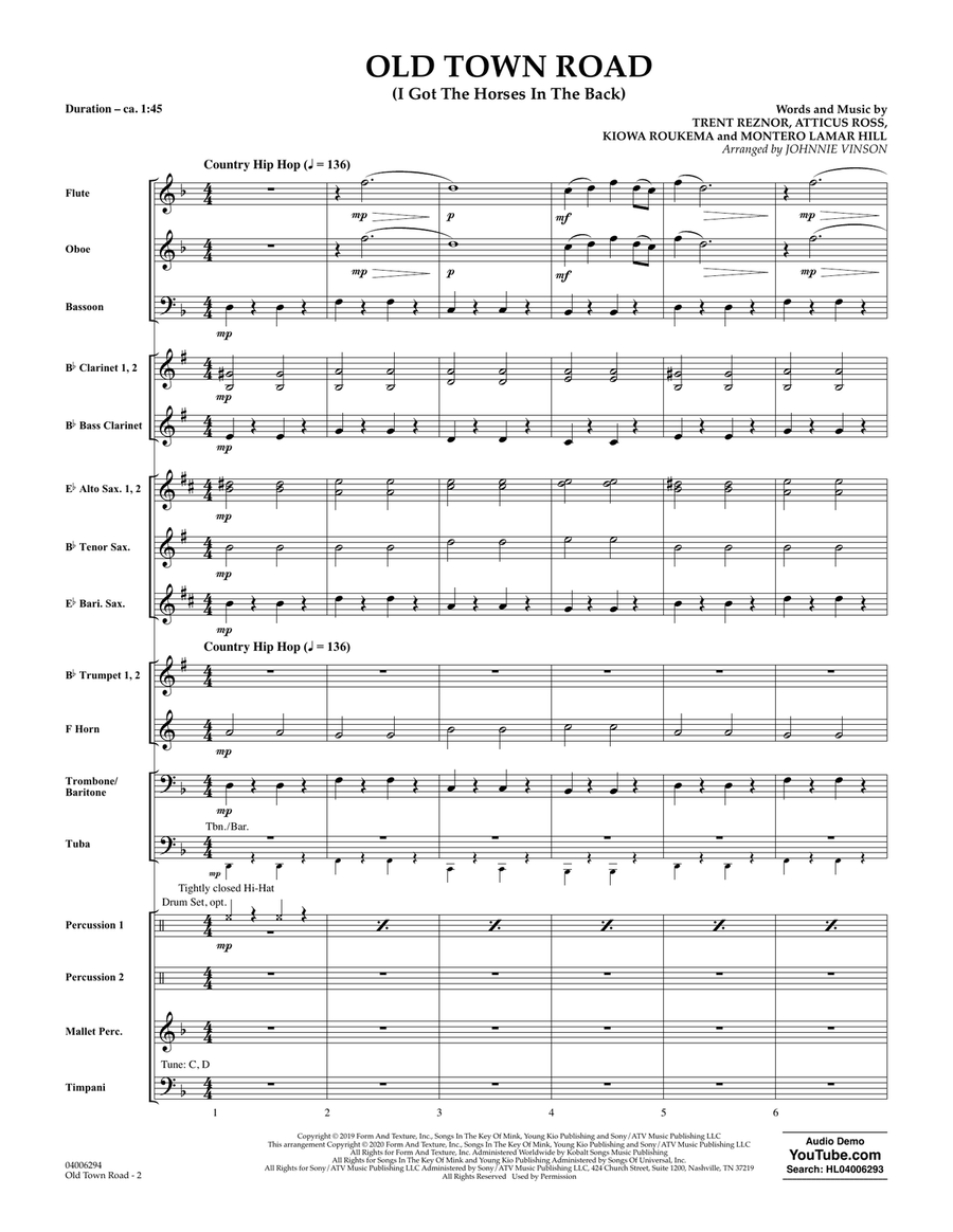Old Town Road (arr. Johnnie Vinson) - Conductor Score (Full Score) Concert Band scores gallery preview page 2
