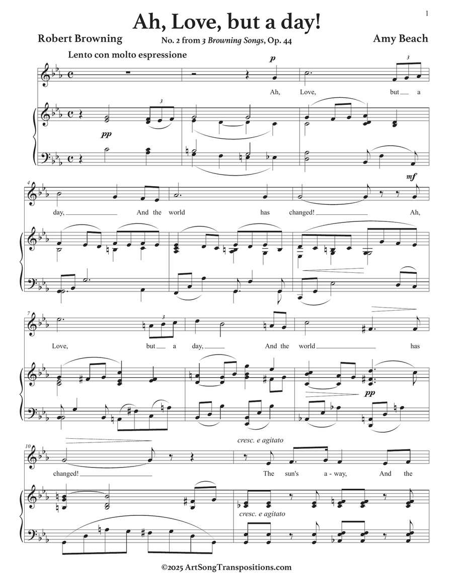 BEACH: Ah, Love, but a day! Op. 44 no. 2 (transposed to C minor) Piano, Vocal scores gallery preview page 2