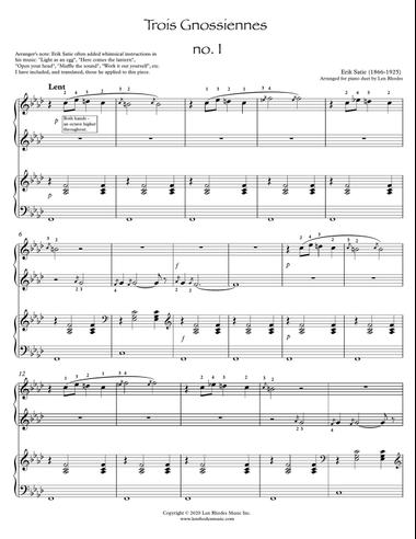 Erik Satie - Trois Gnossiennes, for piano duet