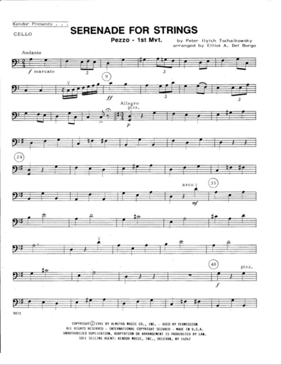 Serenade For Strings - Mvt. 1 Pezzo (arr. Elliot A. Del Borgo) - Cello String Orchestra scores gallery preview page 1