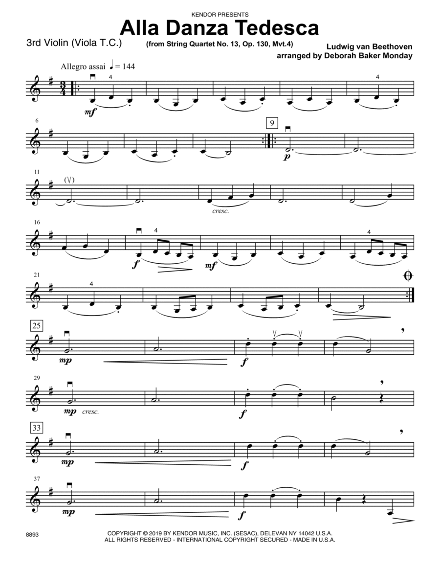 Alla Danza Tedesca (from String Quartet No. 13, Op. 130, Mvt. 4) - Violin 3 (Viola T.C.) Cello scores gallery preview page 1