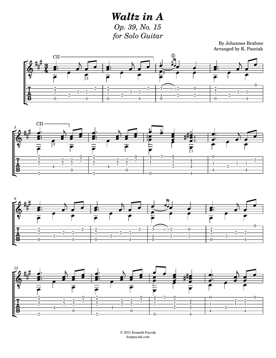 Waltz in A Major by Brahms (for Solo Guitar) Acoustic Guitar scores gallery preview page 3