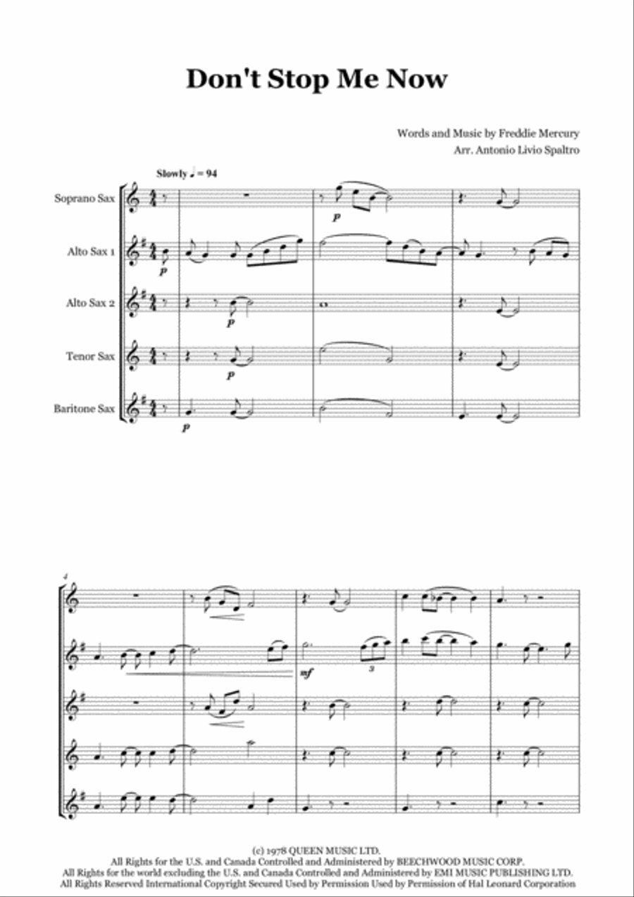 Don't Stop Me Now Saxophone Quintet scores gallery preview page 2
