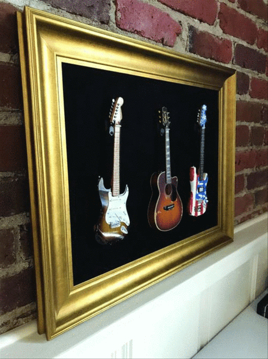 22 X 18 Mini Guitar Display Frame Black Suede Warm Gold Leafing Holds 3 Models Guitar scores gallery preview page 3