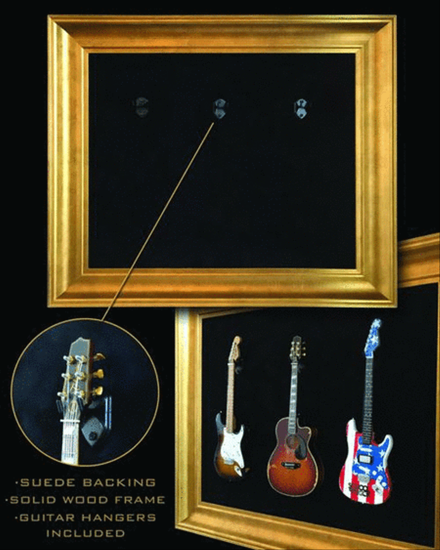 22 X 18 Mini Guitar Display Frame Black Suede Warm Gold Leafing Holds 3 Models Guitar scores gallery preview page 5