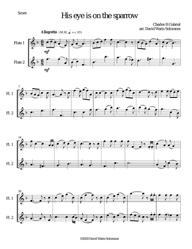 His eye is on the sparrow arranged for 2 flutes
