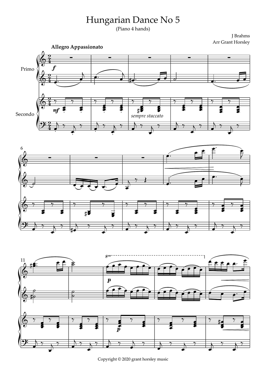 Brahms -Hungarian Dance No 5 - Piano 4 hands- Intermediate Piano Method scores gallery preview page 2