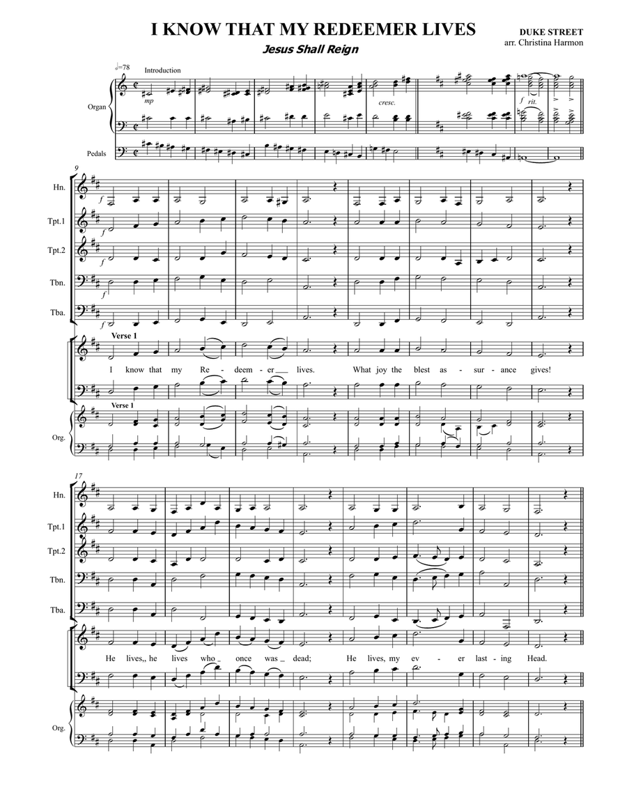 I Know That My Redeemer Lives – Brass Quintet, Congregation, and Organ Choir scores gallery preview page 2