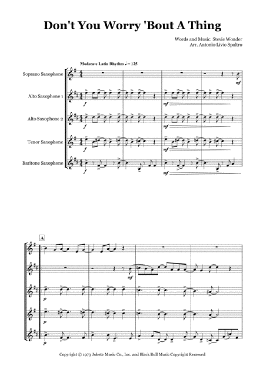 Don't You Worry 'bout A Thing Saxophone Quintet scores gallery preview page 3