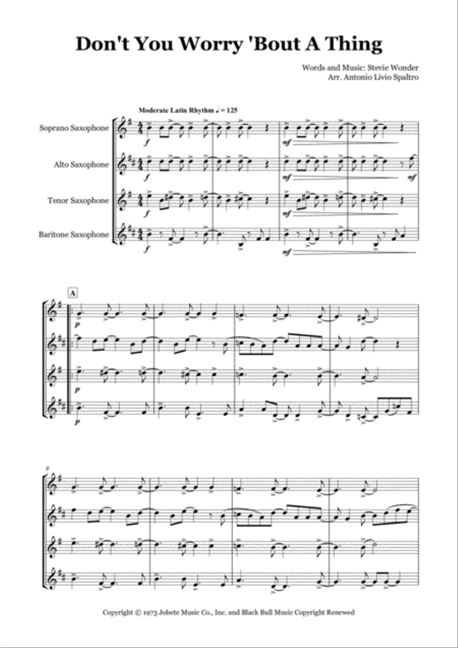 Don't You Worry 'bout A Thing Saxophone Quartet scores gallery preview page 3