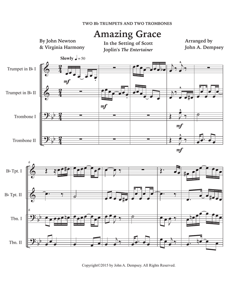 Amazing Grace / The Entertainer (Brass Quartet for Two Trumpets and Two Trombones) Brass Quartet scores gallery preview page 5