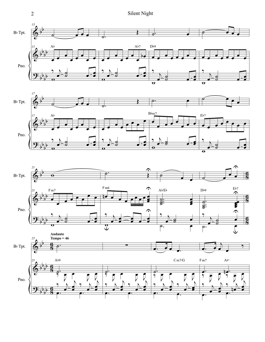 Silent Night (Bb-Trumpet solo and Piano) Trumpet Solo scores gallery preview page 2