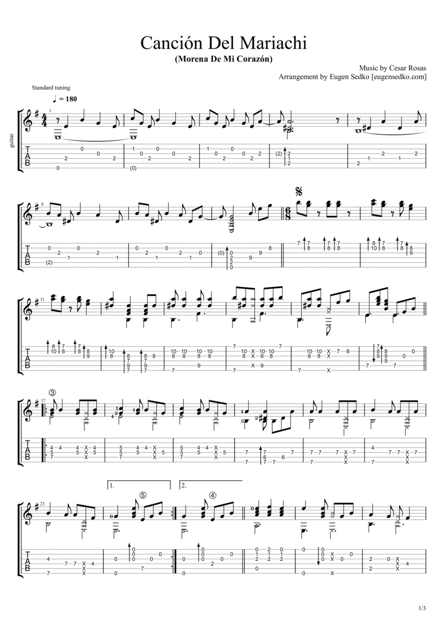 Cancion Del Mariachi Guitar Tablature scores gallery preview page 1