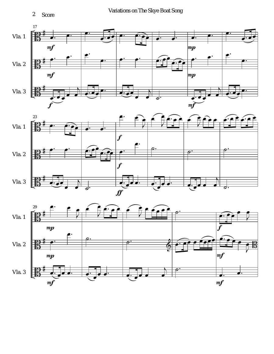 Variations on The Skye Boat Song (Speed bonnie boat) for viola trio String Trio scores gallery preview page 2
