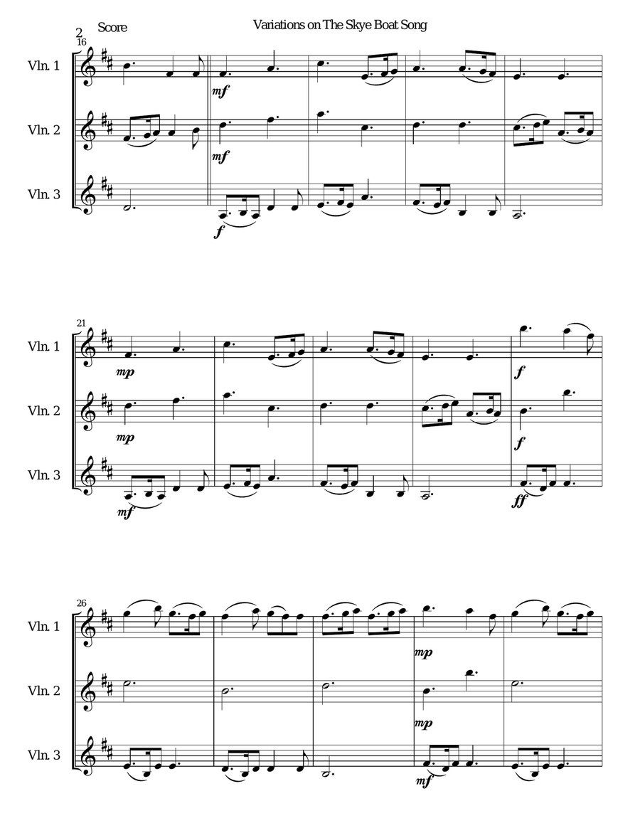 Variations on The Skye Boat Song (Speed bonnie boat) for violin trio String Trio scores gallery preview page 2