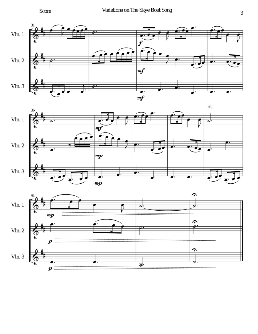 Variations on The Skye Boat Song (Speed bonnie boat) for violin trio String Trio scores gallery preview page 3