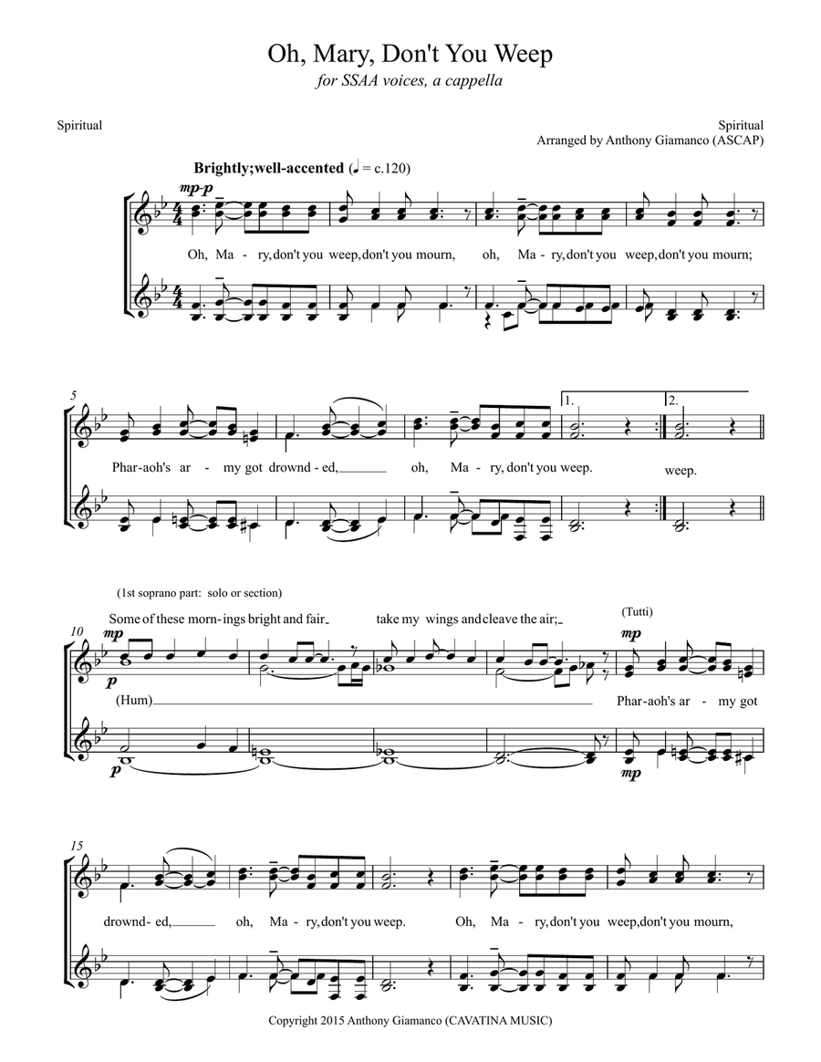 OH, MARY, DON'T YOU WEEP [SSAA chorus, a cappella] SSAA scores gallery preview page 2