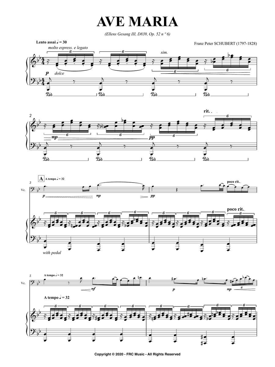 Ave Maria (Ellens Gesang III, D839, Op. 52 n º 6) for Violoncello and Piano - as played by YO YO MA Piano scores gallery preview page 3