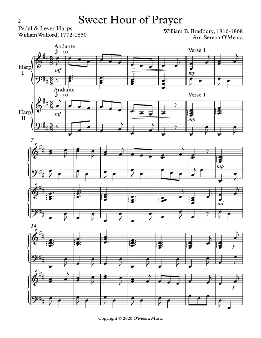 Sweet Hour of Prayer, Harp Duet, Score & Parts Celtic Harp scores gallery preview page 2