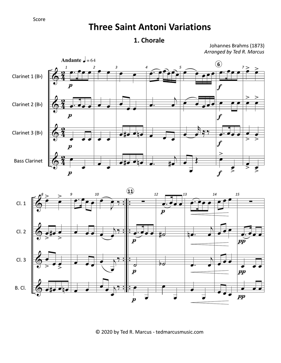 Three Saint Antoni Variations for Clarinet Quartet (from Variations on a Theme by Haydn) Clarinet Quartet scores gallery preview page 2