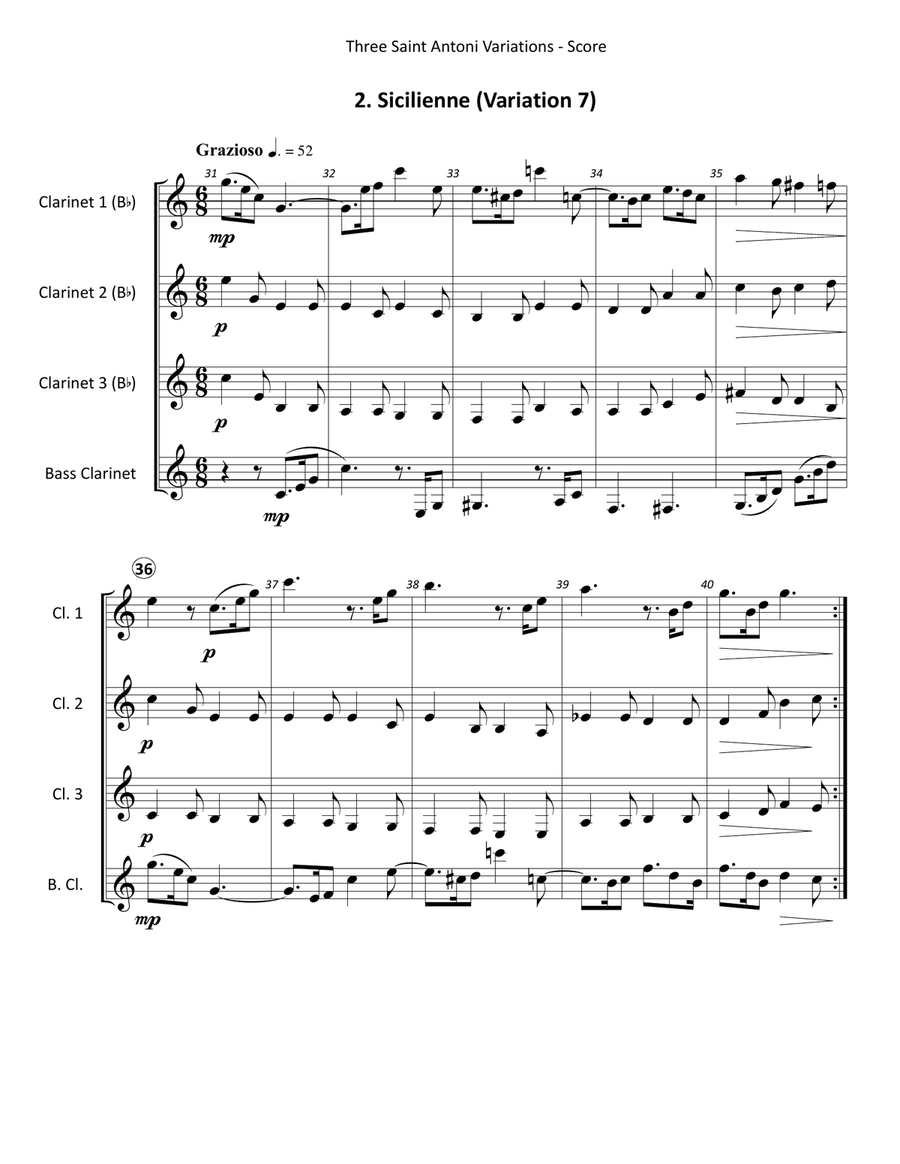 Three Saint Antoni Variations for Clarinet Quartet (from Variations on a Theme by Haydn) Clarinet Quartet scores gallery preview page 4