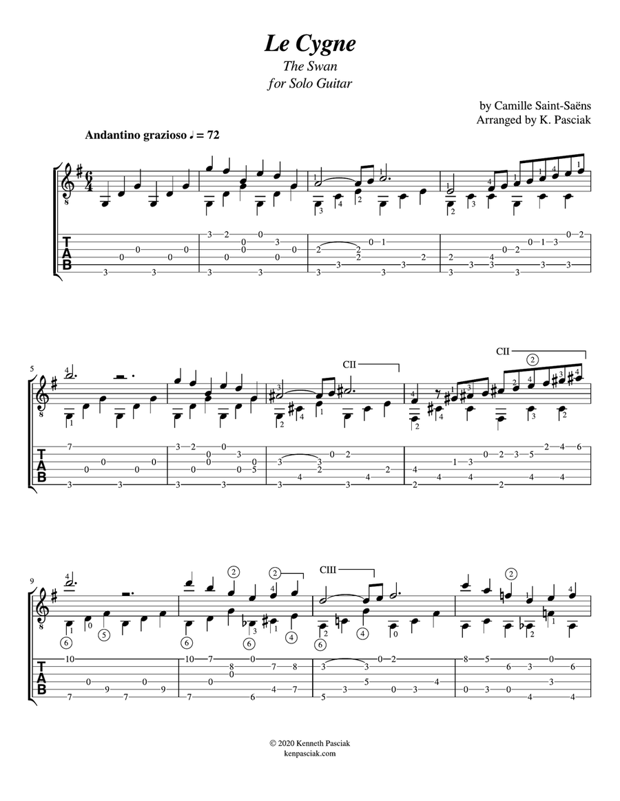 Le Cygne (The Swan) for Solo Guitar (easy version) Chamber Music scores gallery preview page 3