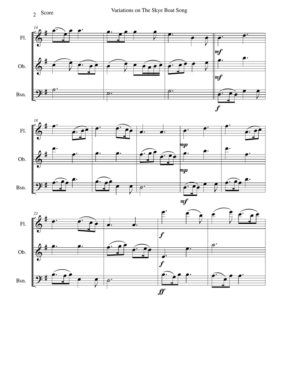 Variations on The Skye Boat Song (Speed bonnie boat) for wind trio (flute, oboe, bassoon) Woodwind Trio scores gallery preview page 2