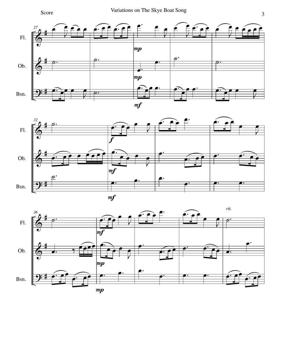 Variations on The Skye Boat Song (Speed bonnie boat) for wind trio (flute, oboe, bassoon) Woodwind Trio scores gallery preview page 3