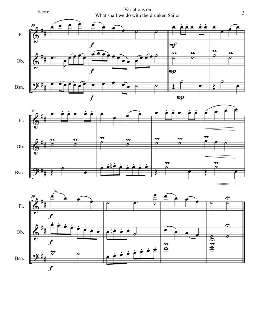 Variations on What shall we do with the drunken sailor for wind trio (flute, oboe, bassoon) Variations on What shall we do with the drunken sailor for wind trio (flute, oboe, bassoon) Woodwind Trio scores gallery preview page 3