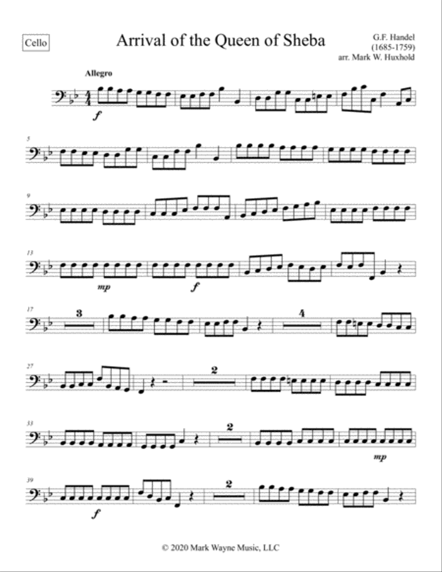 The Arrival of the Queen of Sheba Cello scores gallery preview page 1