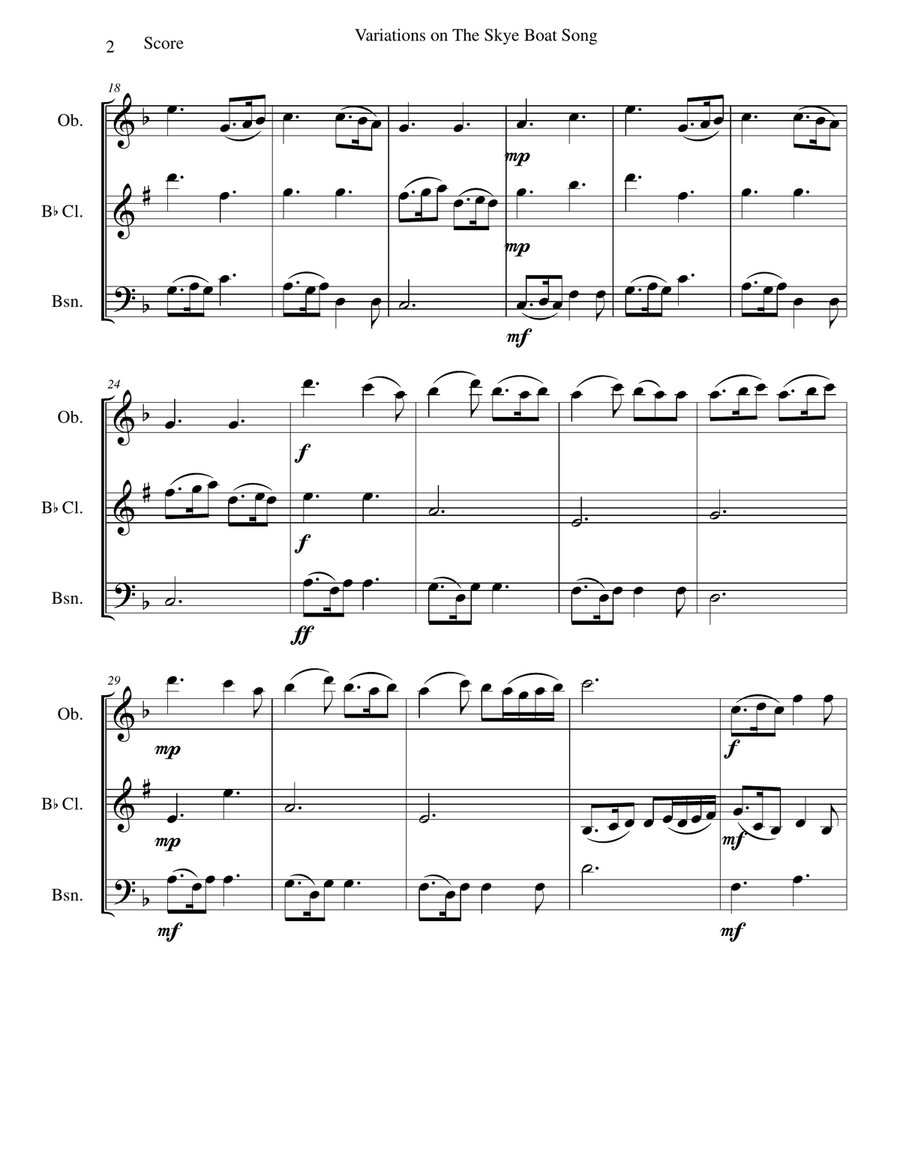 Variations on The Skye Boat Song (Speed bonnie boat) for wind trio (oboe, clarinet, bassoon) Woodwind Trio scores gallery preview page 2