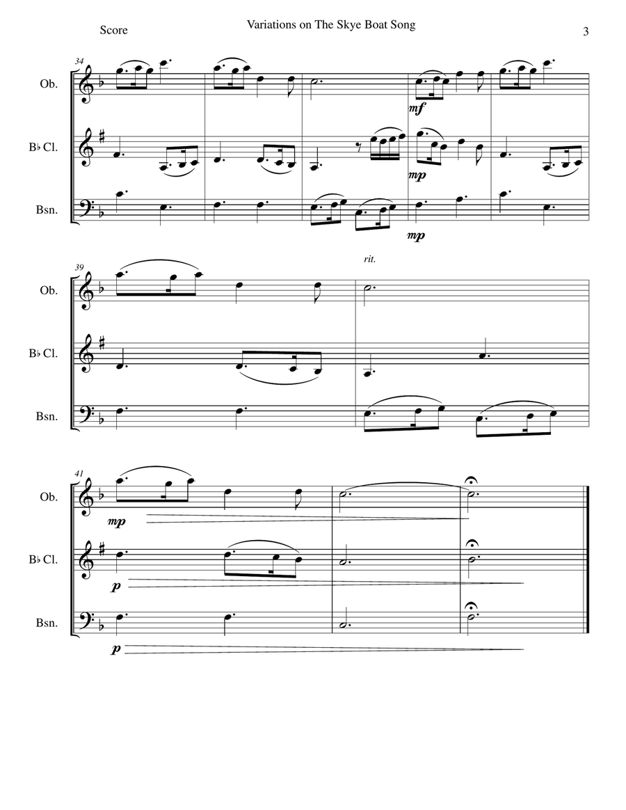 Variations on The Skye Boat Song (Speed bonnie boat) for wind trio (oboe, clarinet, bassoon) Woodwind Trio scores gallery preview page 3