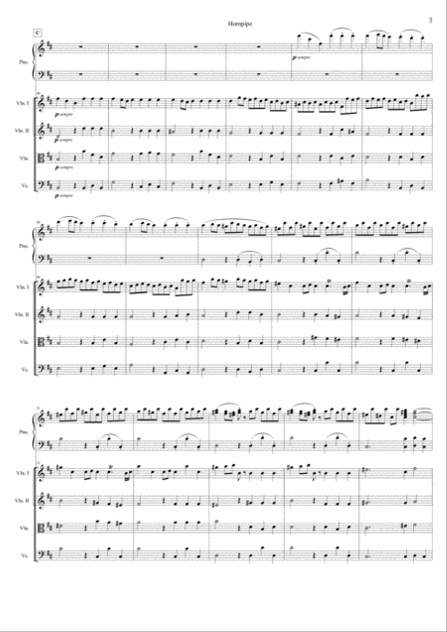 Haendel's ALLA HORNPIPE from Water Music Suite No. 2 for PIANO QUINTET Cello scores gallery preview page 3