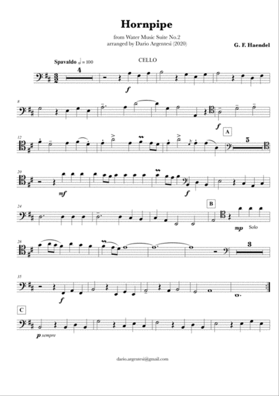 Haendel's ALLA HORNPIPE from Water Music Suite No. 2 for PIANO QUINTET Cello scores gallery preview page 6