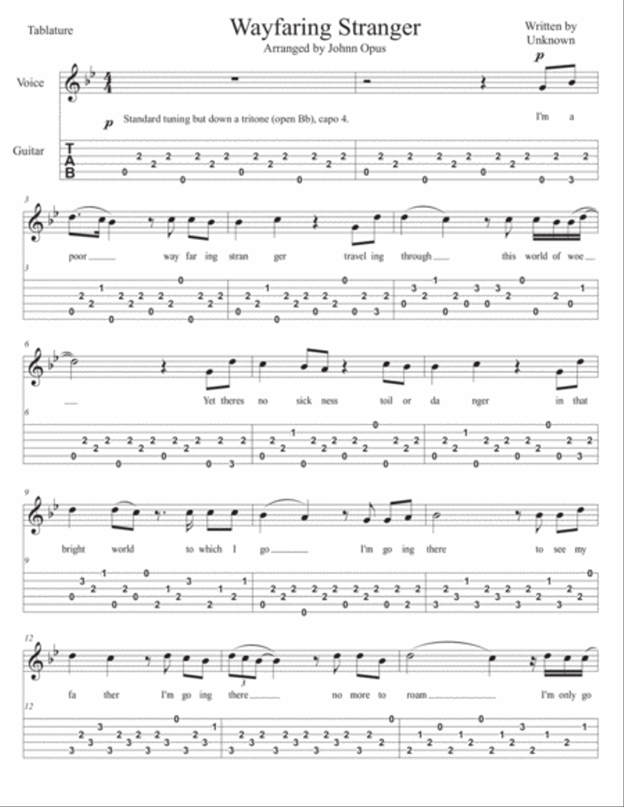 Wayfaring Stranger Guitar Tablature Guitar Tablature scores gallery preview page 1