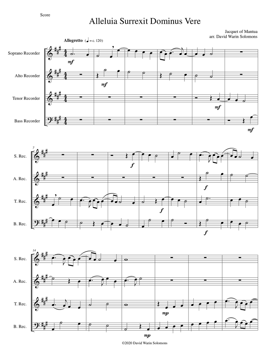 Alleluia surrexit Dominus (Easter anthem) arranged for recorder quartet Soprano Recorder scores gallery preview page 2