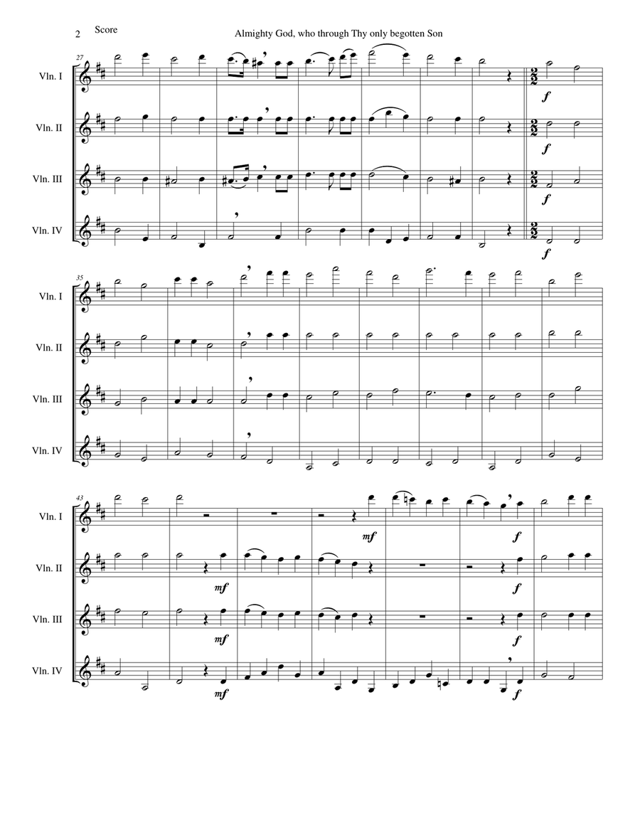 Almighty God, who through thy only begotten Son (Easter motet) for 4 violins Almighty God, who through thy only begotten Son (Easter motet) for 4 violins Violin Solo scores gallery preview page 2